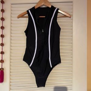 Black bathing suit with white stripes size S